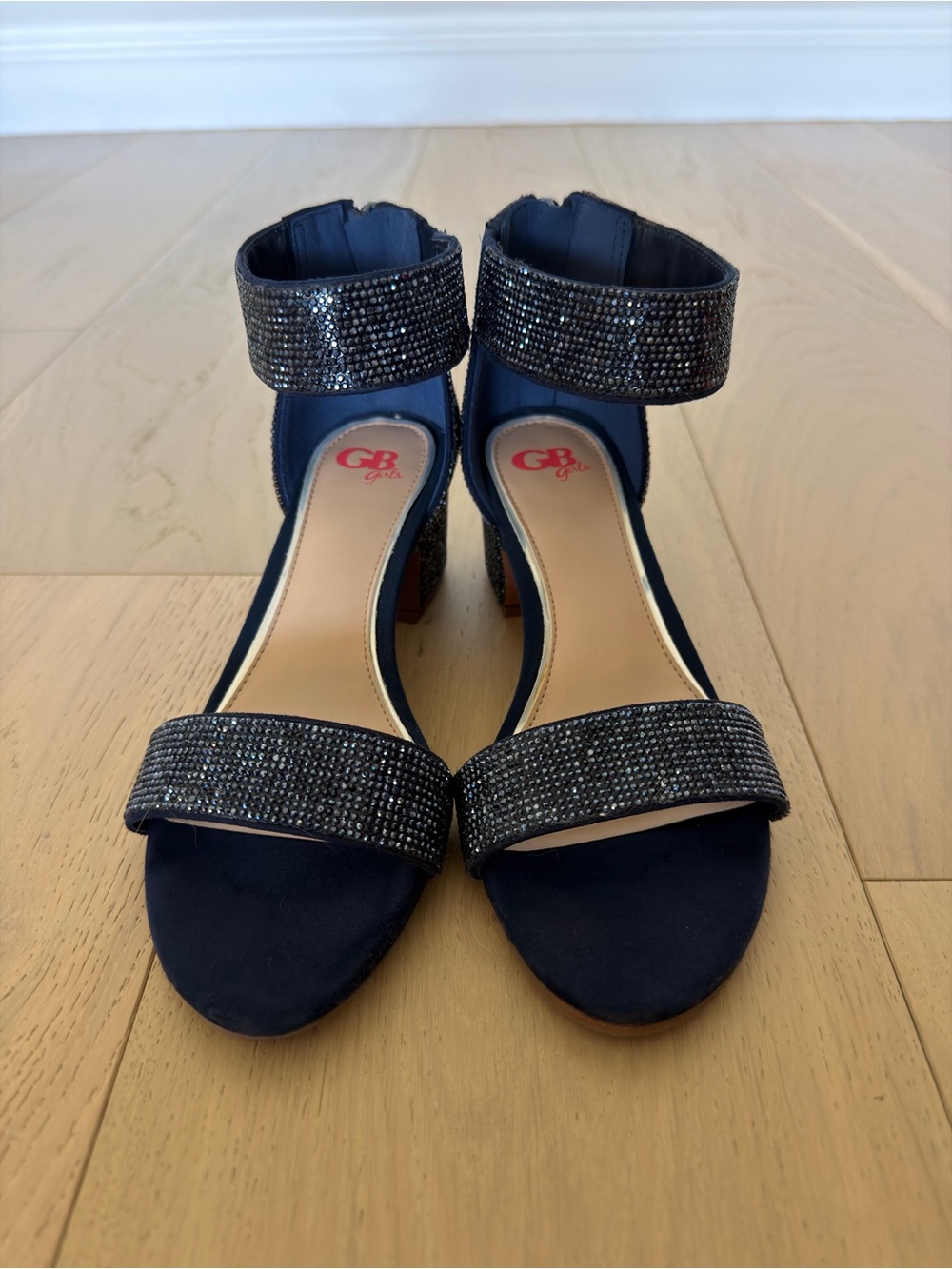 GB Girls Navy Rhinestone Block-Heel Sandals